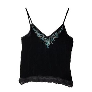 Hanna & Gracie Black Velvet Camisole Tank Top Lace Hem Embroidered Size Small